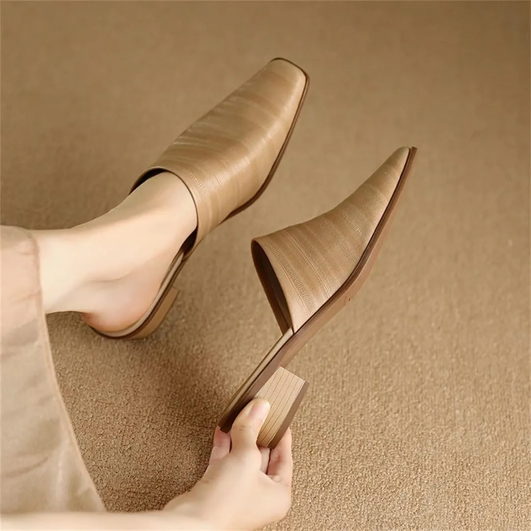 WomenS Genuine Leather Fashion Mules with Medium Square Heel and Embroidery Pull-On Concise Style for Outdoor Wear Mules