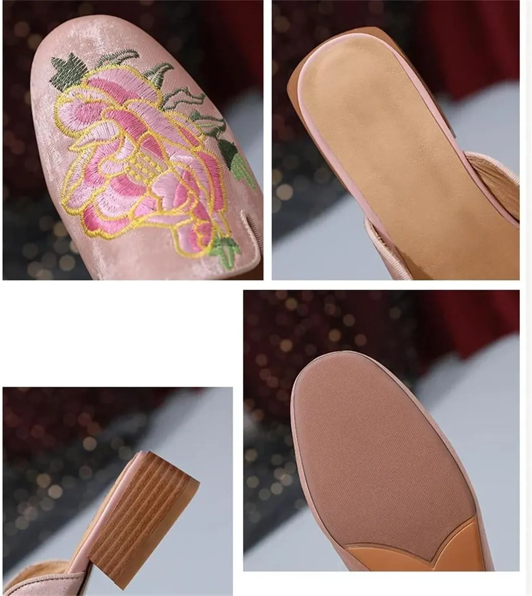 WomenS Genuine Leather Fashion Mules with Medium Square Heel and Flower Embroidery Pull-On Style for Outdoor Wear Mules