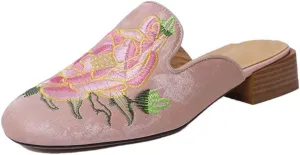 WomenS Genuine Leather Fashion Mules with Medium Square Heel and Flower Embroidery Pull-On Style for Outdoor Wear Mules