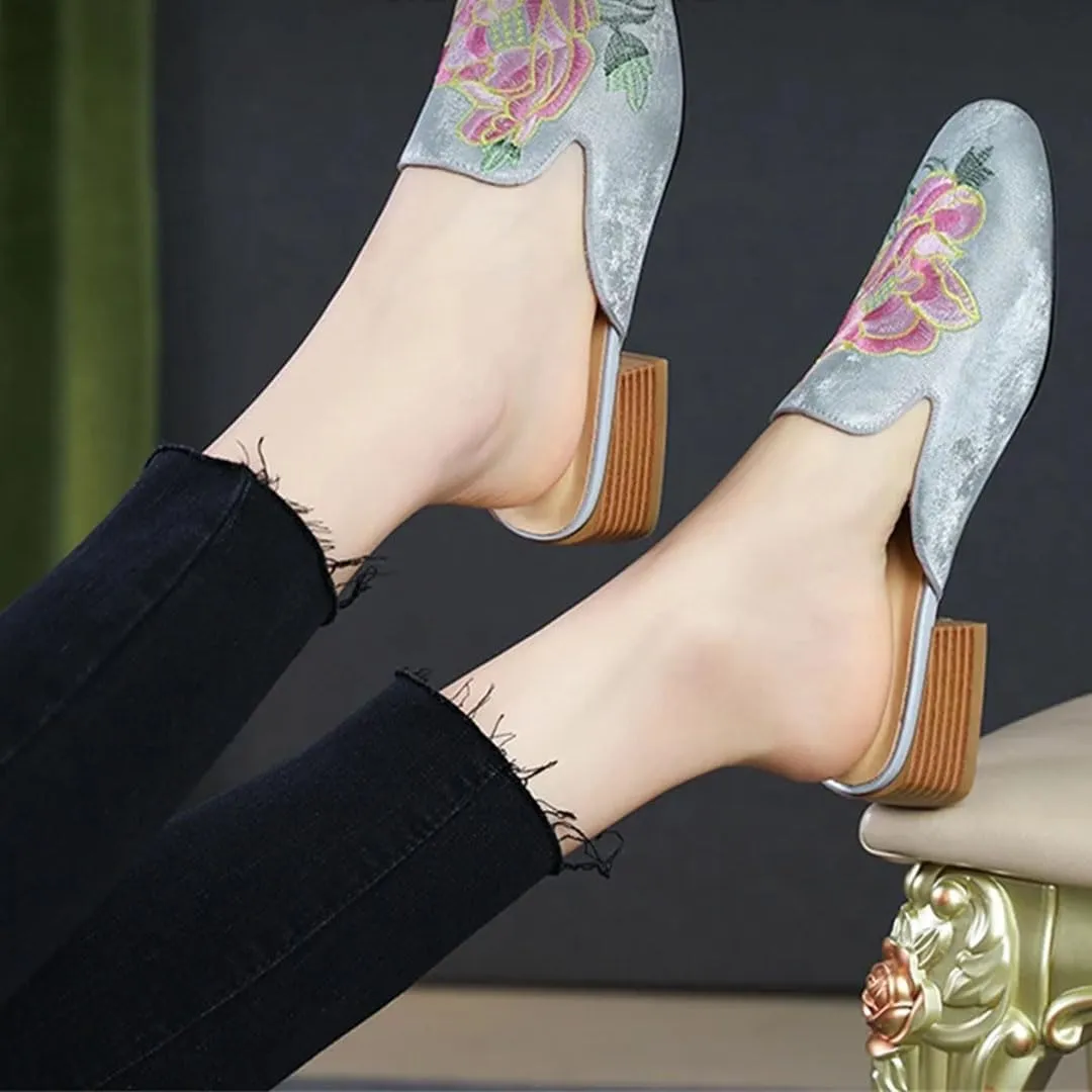 WomenS Genuine Leather Fashion Mules with Medium Square Heel and Flower Embroidery Pull-On Style for Outdoor Wear Mules