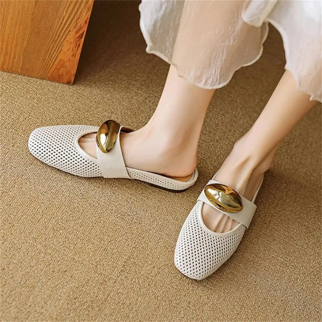 WomenS Genuine Leather Flat Mules for Work & Casual Wear Pull-On Street Style with Metal Detail Mules