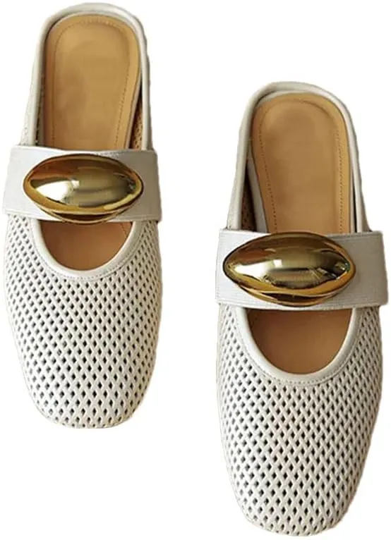 WomenS Genuine Leather Flat Mules for Work & Casual Wear Pull-On Street Style with Metal Detail Mules