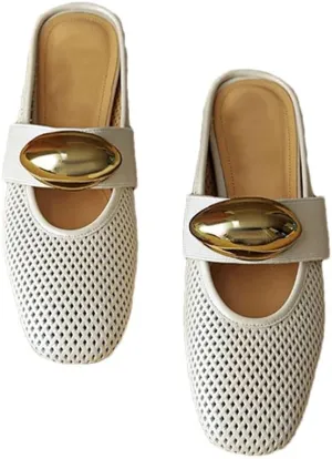 WomenS Genuine Leather Flat Mules for Work & Casual Wear Pull-On Street Style with Metal Detail Mules