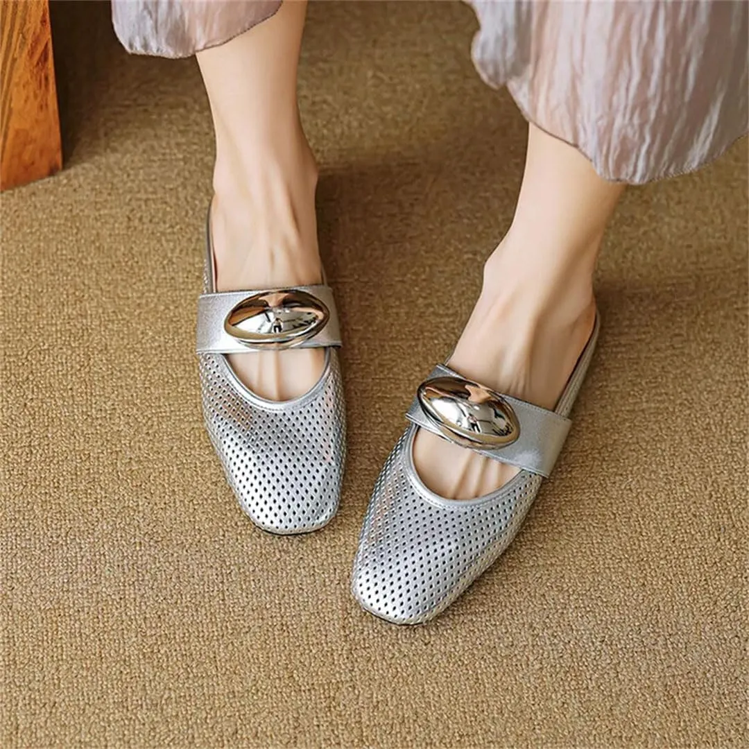 WomenS Genuine Leather Flat Mules for Work & Casual Wear Pull-On Street Style with Metal Detail Mules