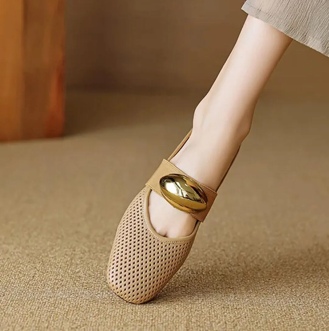 WomenS Genuine Leather Flat Mules for Work & Casual Wear Pull-On Street Style with Metal Detail Mules