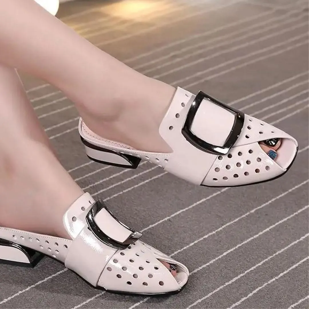 WomenS Genuine Leather Low Heel Slip-On Fashion Elegant Mules with Metal Detail for Daily Shopping and Walking