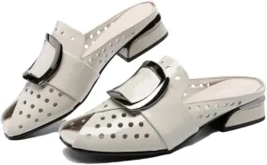 WomenS Genuine Leather Low Heel Slip-On Fashion Elegant Mules with Metal Detail for Daily Shopping and Walking