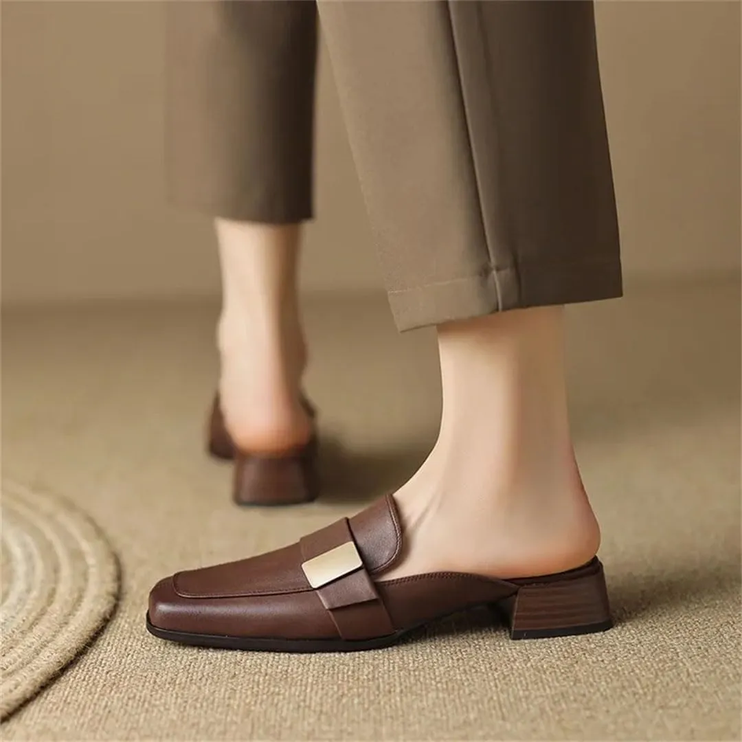 WomenS Genuine Leather Low Thick Square Heel Mules Pull-On Vintage Simple Style with Metal Detail Mules
