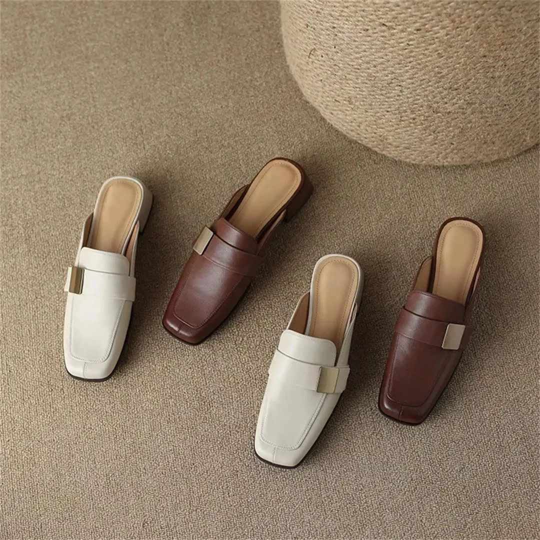 WomenS Genuine Leather Low Thick Square Heel Mules Pull-On Vintage Simple Style with Metal Detail Mules