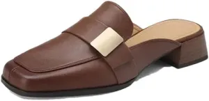 WomenS Genuine Leather Low Thick Square Heel Mules Pull-On Vintage Simple Style with Metal Detail Mules