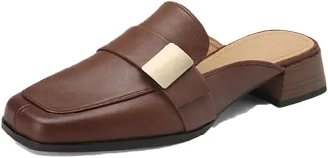 WomenS Genuine Leather Low Thick Square Heel Mules Pull-On Vintage Simple Style with Metal Detail Mules