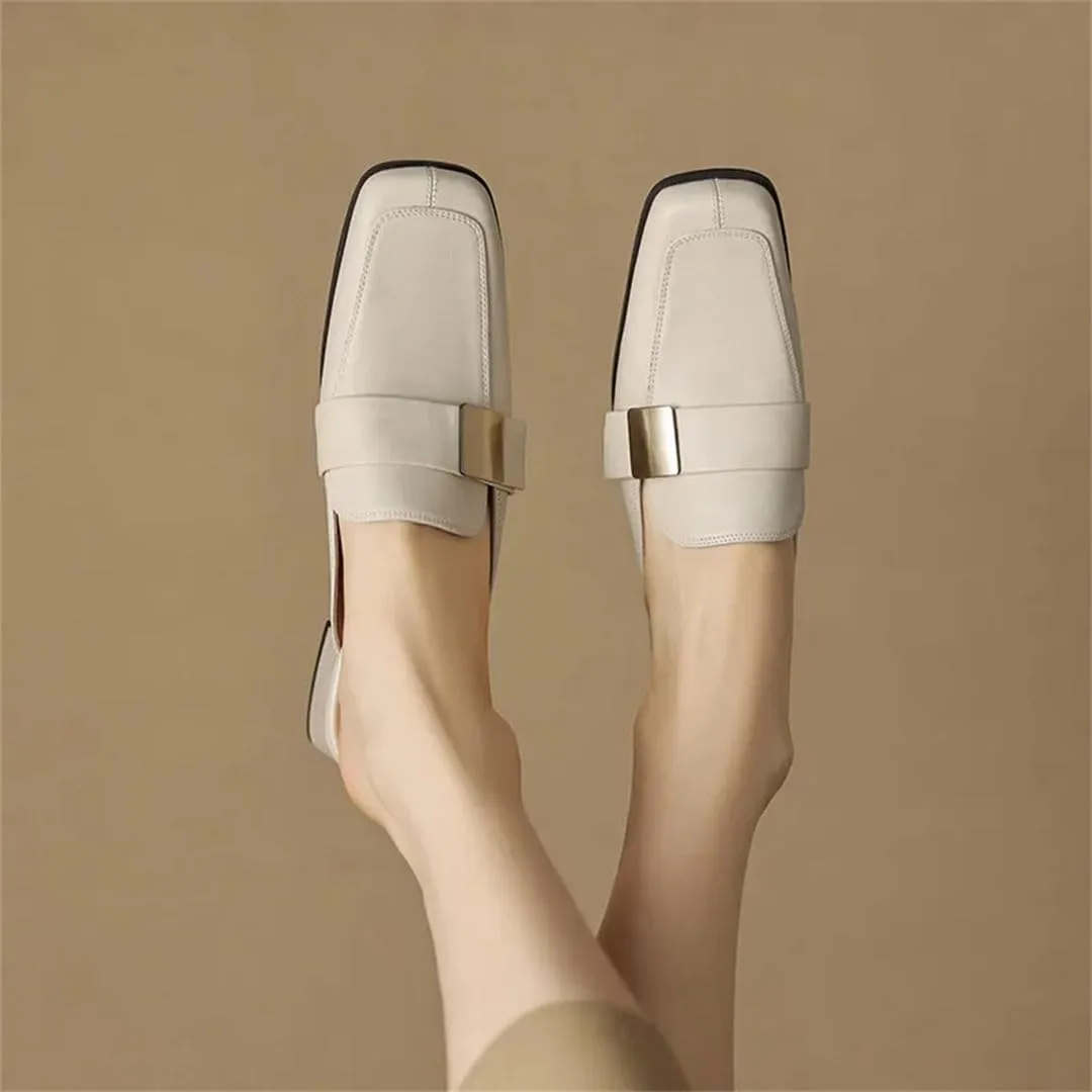 WomenS Genuine Leather Low Thick Square Heel Mules Pull-On Vintage Simple Style with Metal Detail Mules