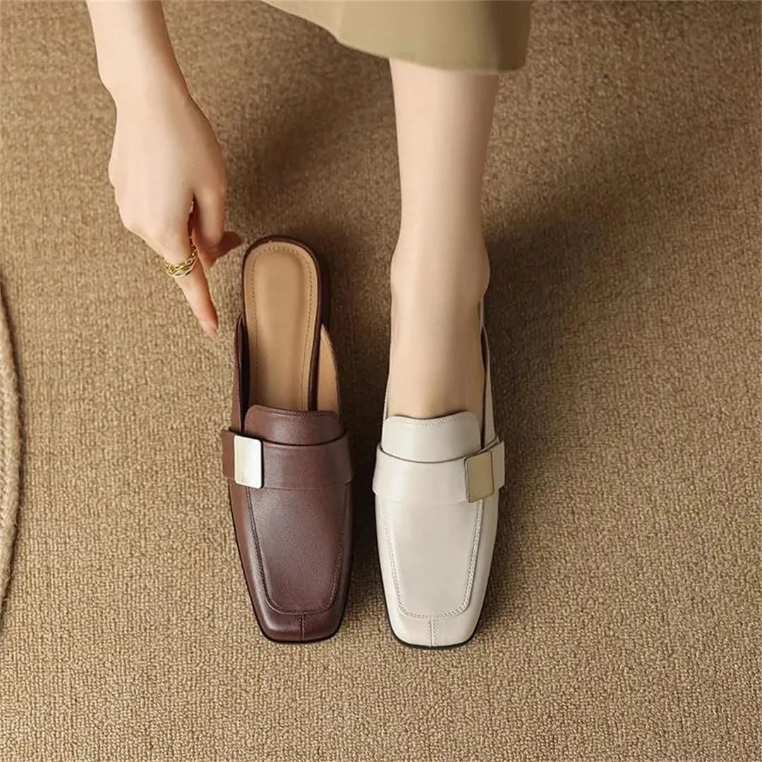 WomenS Genuine Leather Low Thick Square Heel Mules Pull-On Vintage Simple Style with Metal Detail Mules