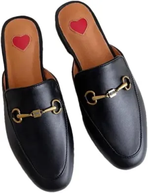 WomenS Genuine Leather Office Mules with Low Square Heel and Metal Detail Pull-On Platform Style Mules