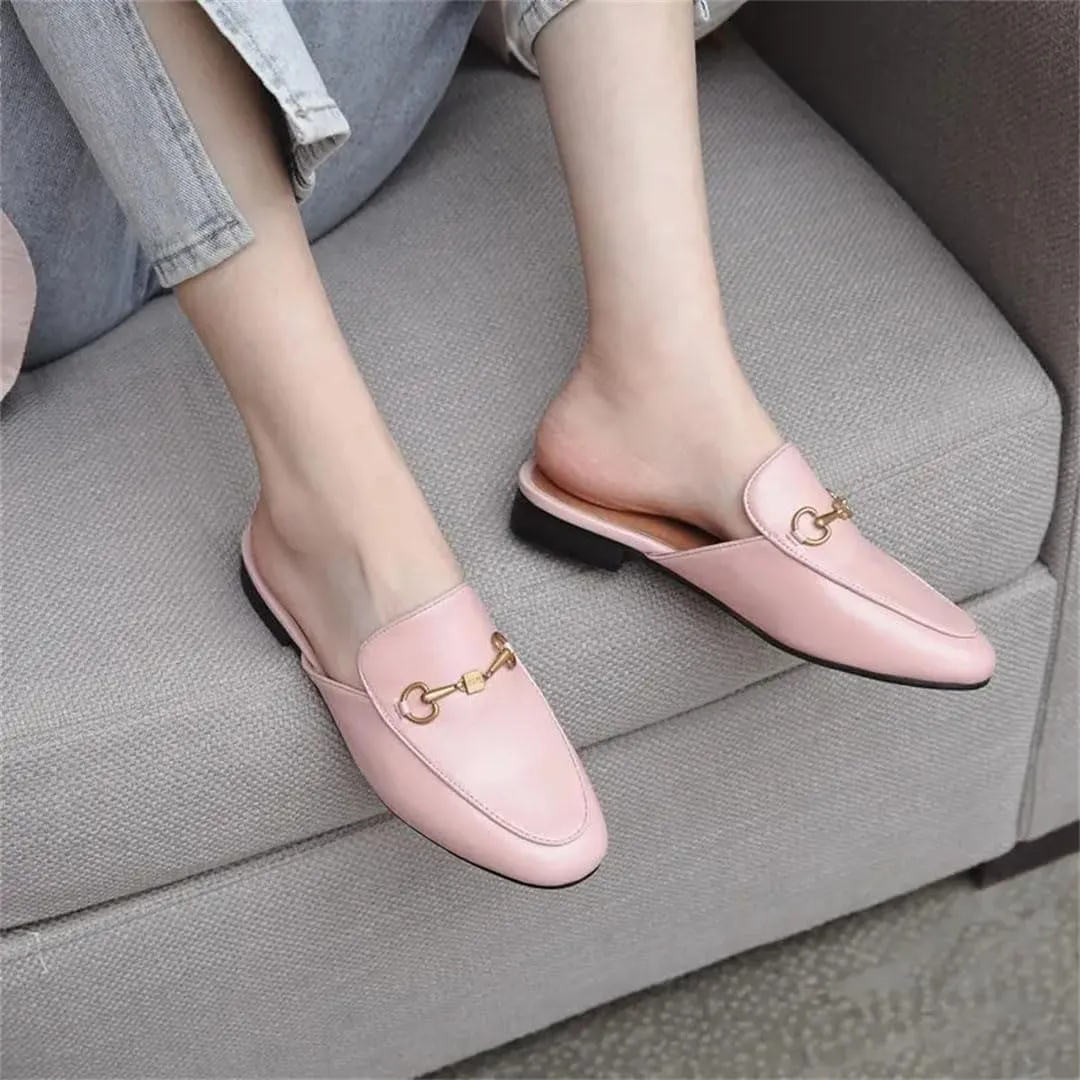 WomenS Genuine Leather Office Mules with Low Square Heel and Metal Detail Pull-On Platform Style Mules