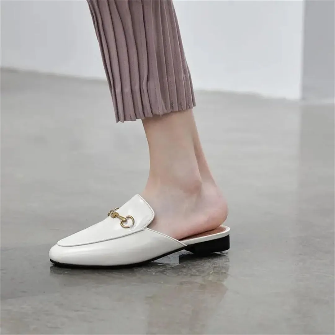 WomenS Genuine Leather Office Mules with Low Square Heel and Metal Detail Pull-On Platform Style Mules