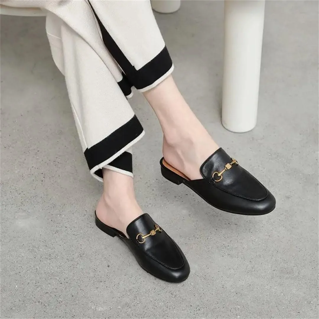 WomenS Genuine Leather Office Mules with Low Square Heel and Metal Detail Pull-On Platform Style Mules