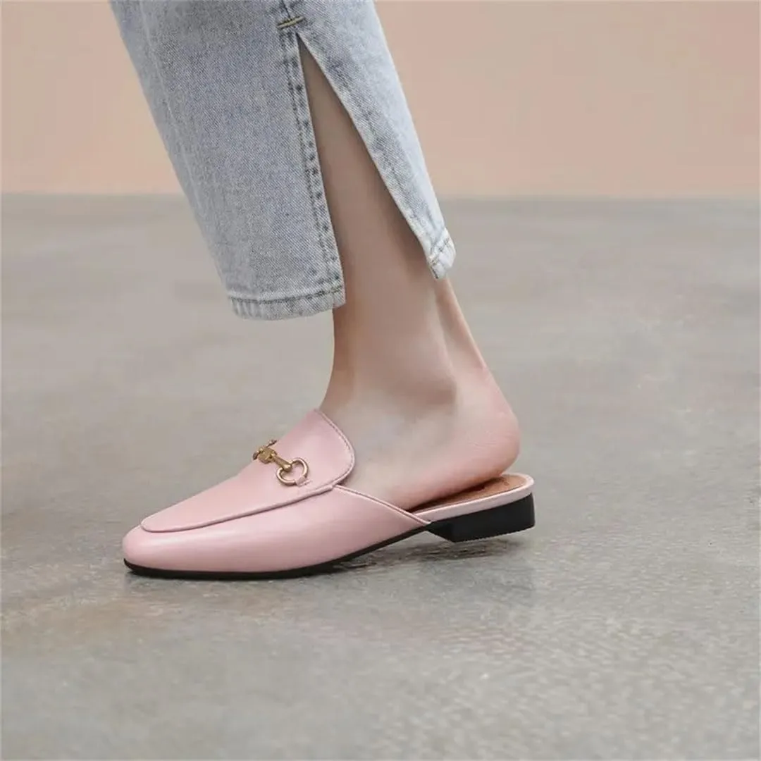 WomenS Genuine Leather Office Mules with Low Square Heel and Metal Detail Pull-On Platform Style Mules