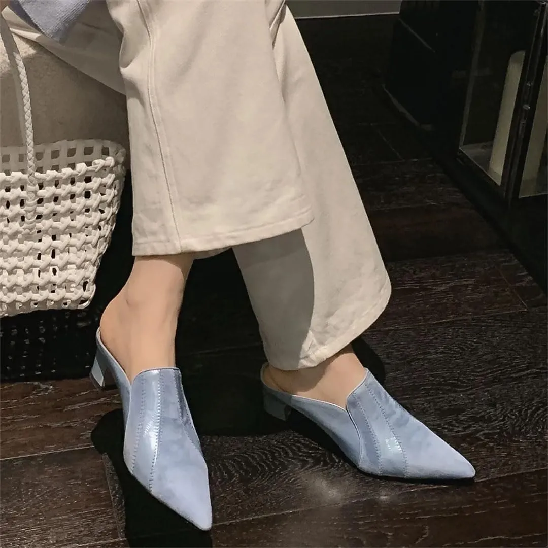 WomenS Genuine Leather Patchwork Kid Suede Pointed Toe Thick Mid Heel Slip-On Fashion Mules for Daily Shopping and Walking
