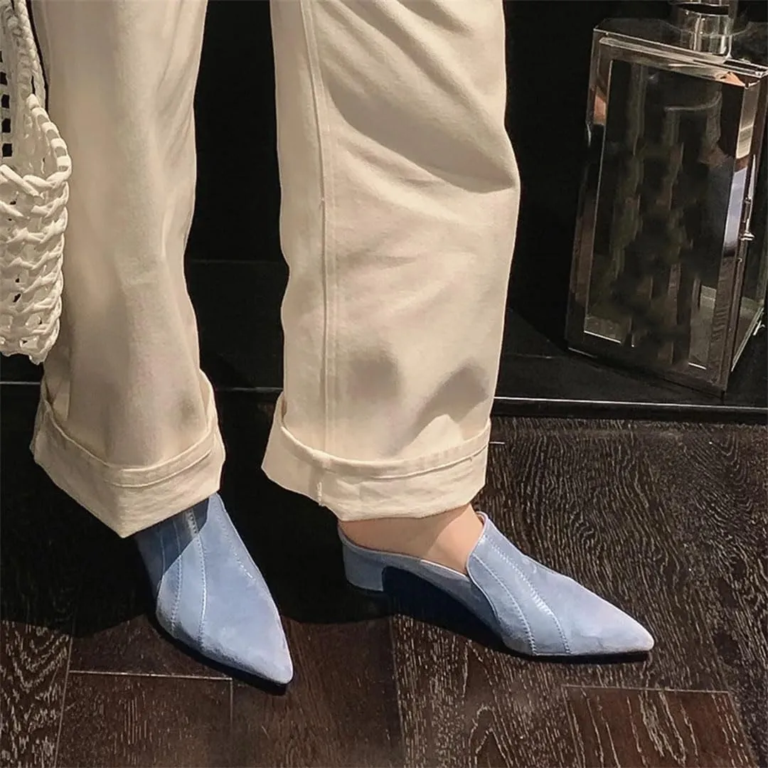 WomenS Genuine Leather Patchwork Kid Suede Pointed Toe Thick Mid Heel Slip-On Fashion Mules for Daily Shopping and Walking