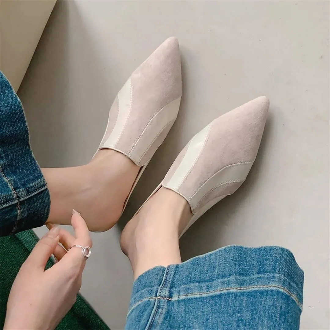 WomenS Genuine Leather Patchwork Kid Suede Pointed Toe Thick Mid Heel Slip-On Fashion Mules for Daily Shopping and Walking