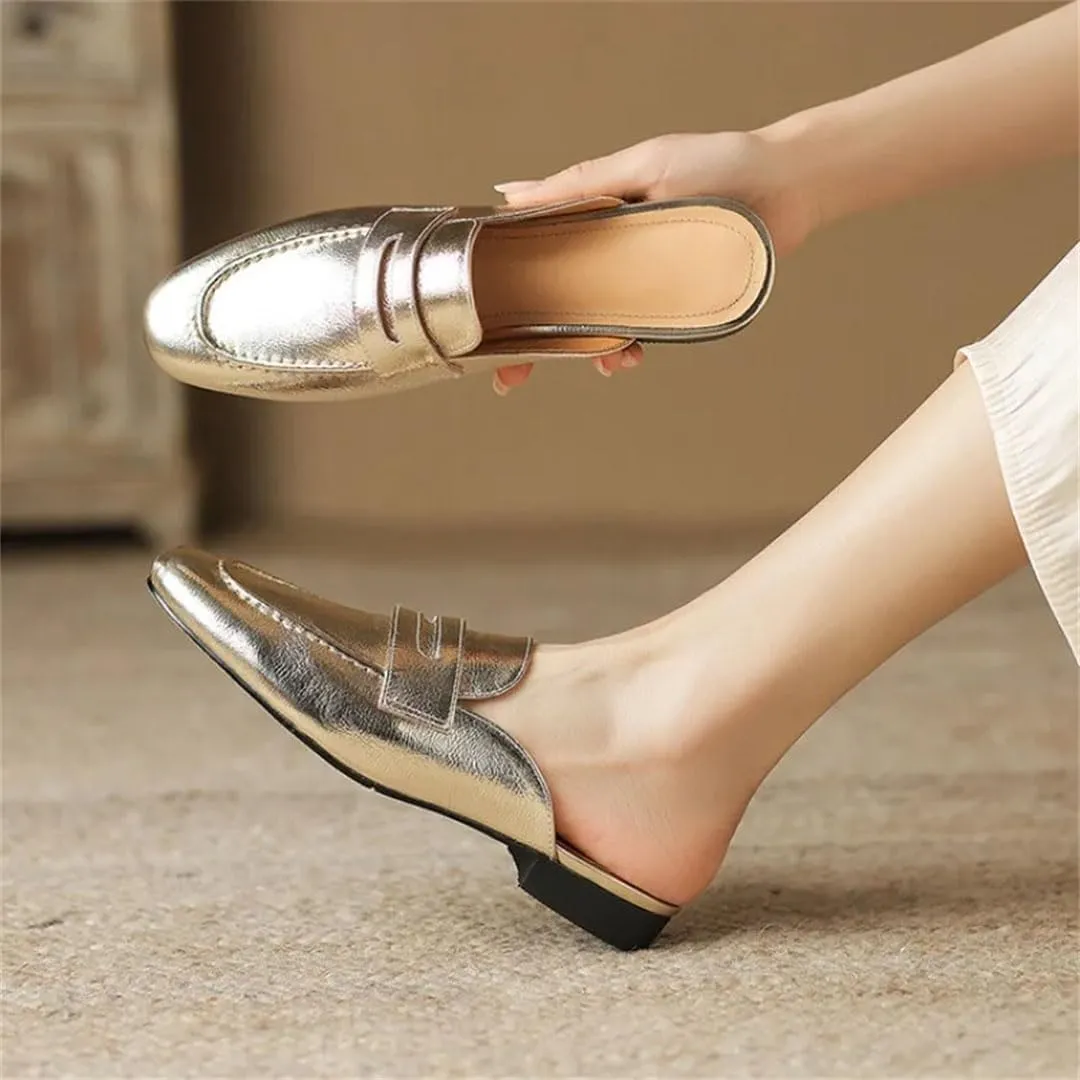 WomenS Genuine Leather Penny Loafer Style Square Heel Slip On Low Heel Platform Leisure Mules