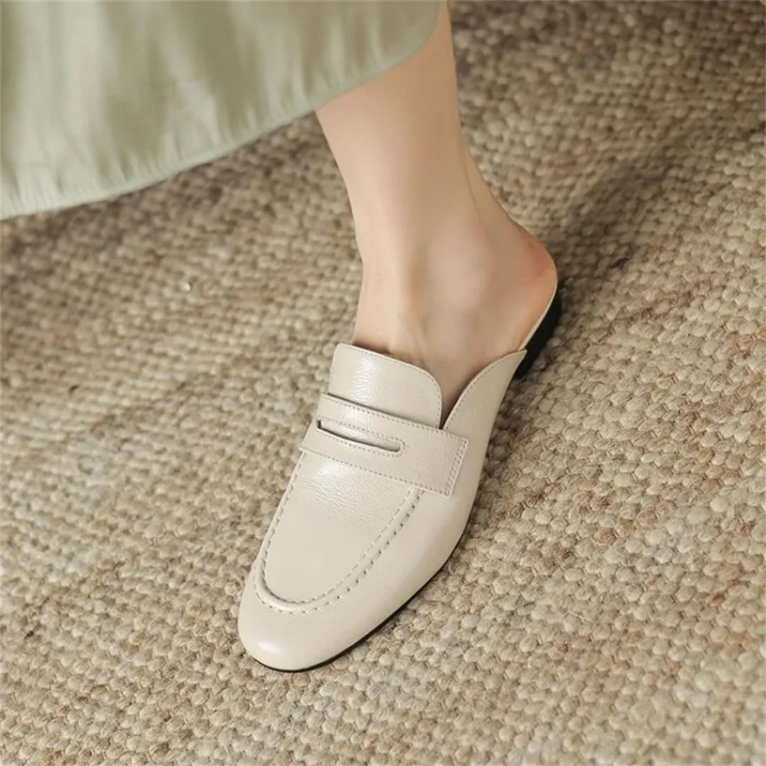 WomenS Genuine Leather Penny Loafer Style Square Heel Slip On Low Heel Platform Leisure Mules