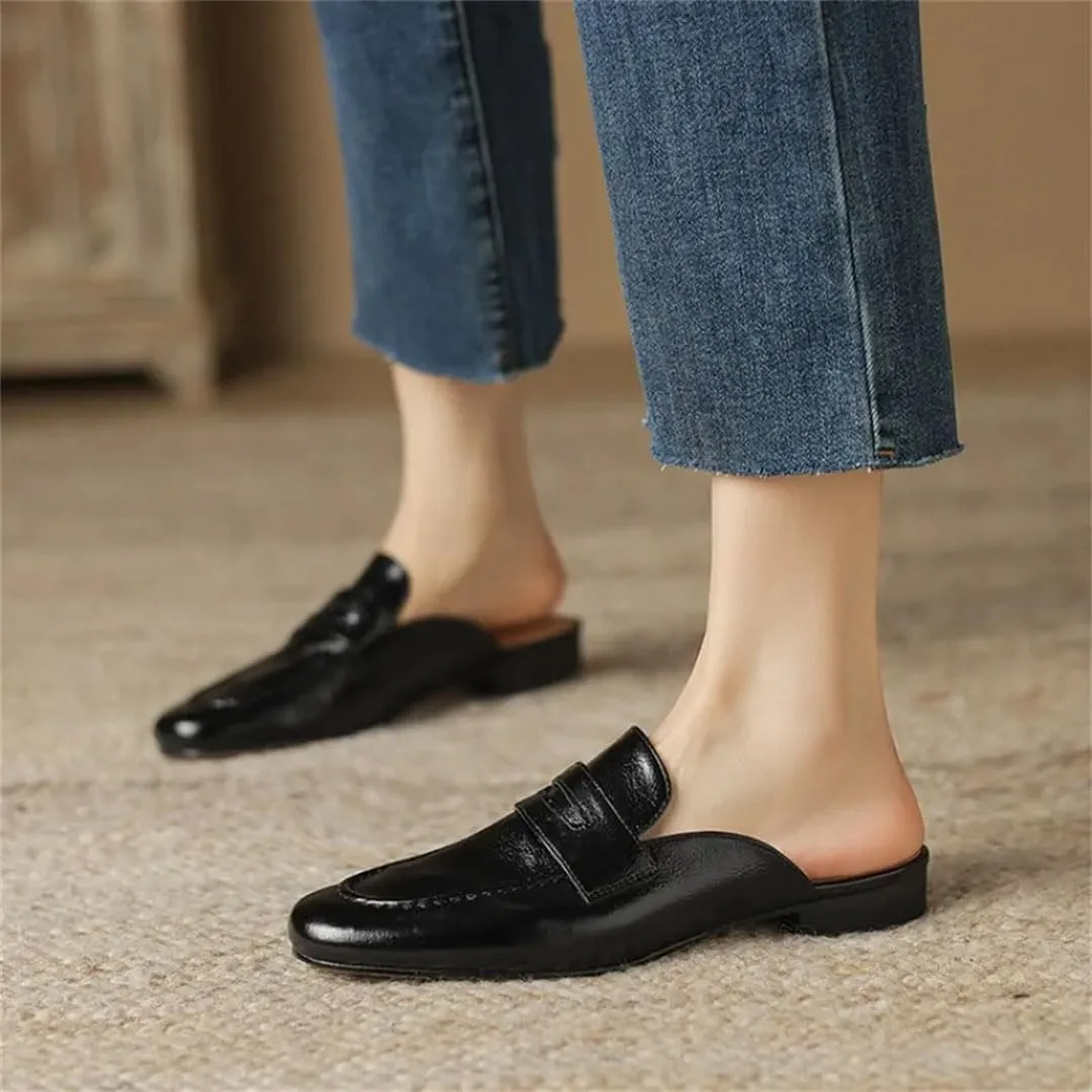 WomenS Genuine Leather Penny Loafer Style Square Heel Slip On Low Heel Platform Leisure Mules