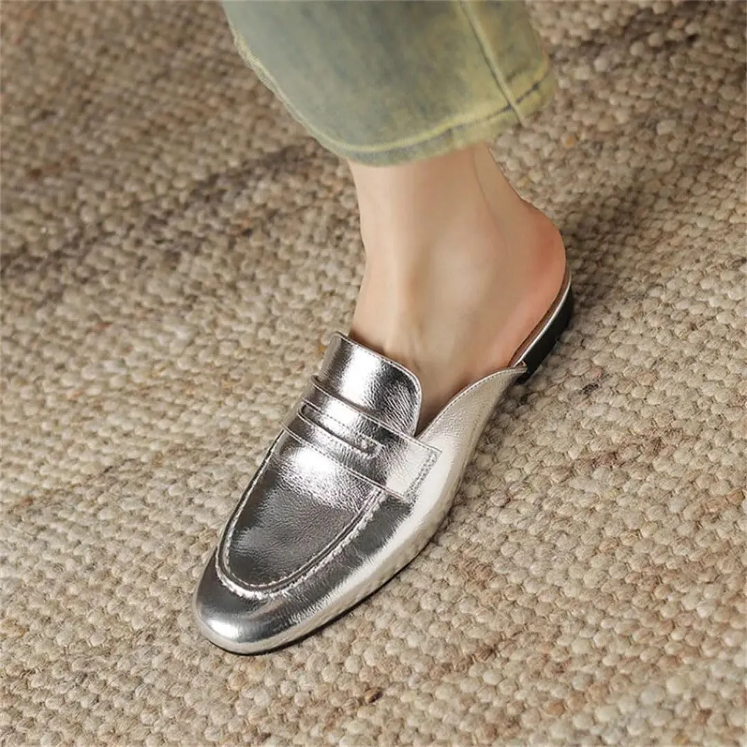 WomenS Genuine Leather Penny Loafer Style Square Heel Slip On Low Heel Platform Leisure Mules