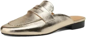WomenS Genuine Leather Penny Loafer Style Square Heel Slip On Low Heel Platform Leisure Mules