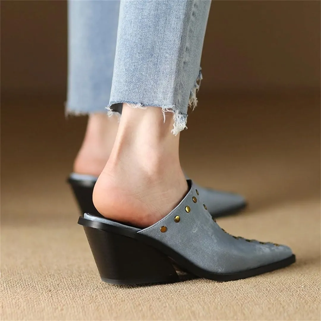 WomenS Genuine Leather Pointed Toe High Wedge Heel Metal Rivet Mules for Daily Shopping and Walking