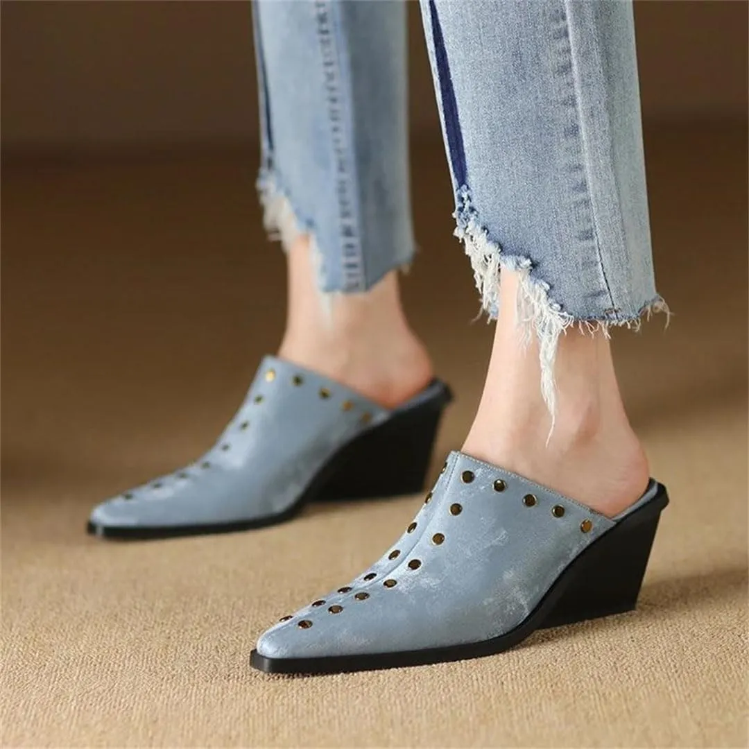 WomenS Genuine Leather Pointed Toe High Wedge Heel Metal Rivet Mules for Daily Shopping and Walking