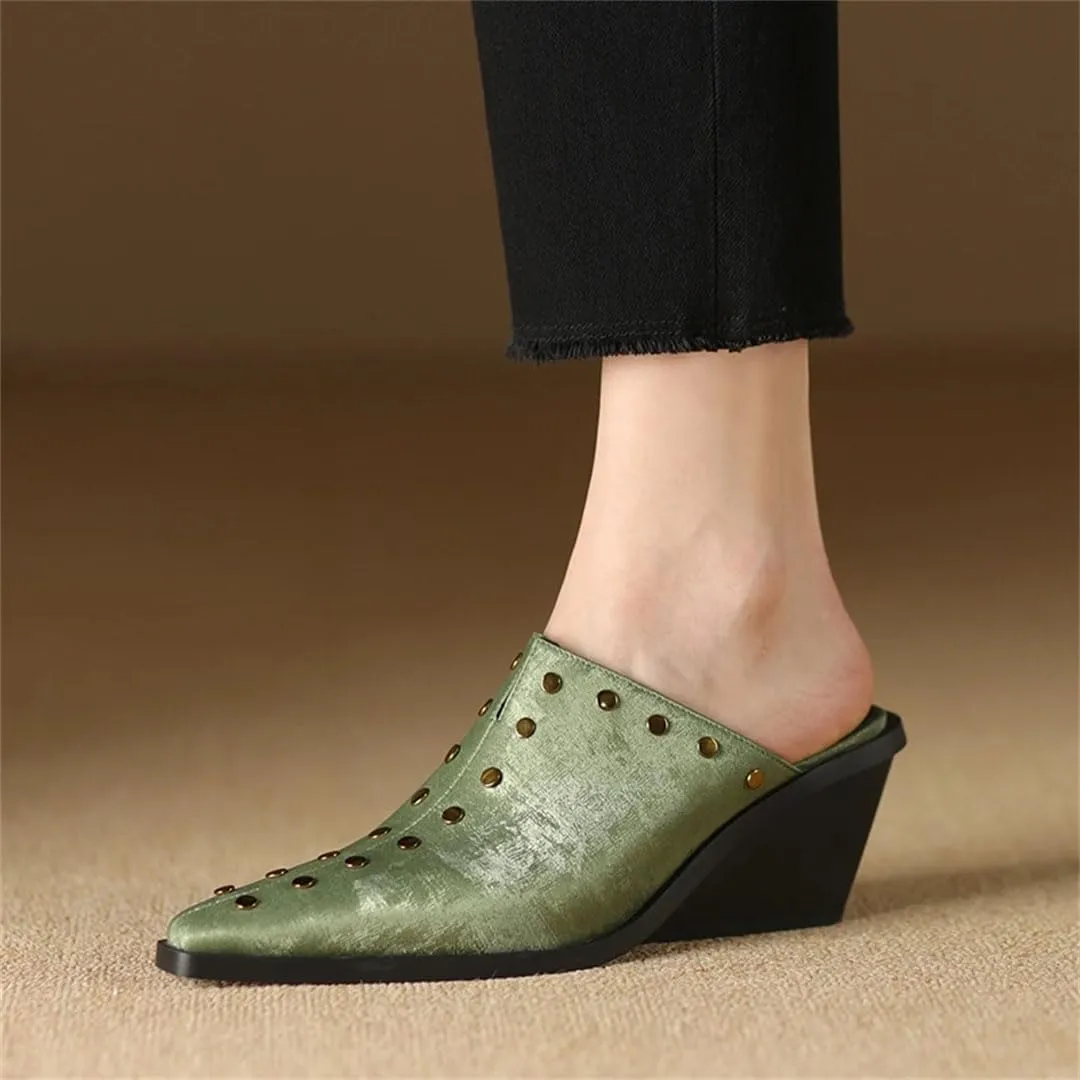 WomenS Genuine Leather Pointed Toe High Wedge Heel Metal Rivet Mules for Daily Shopping and Walking