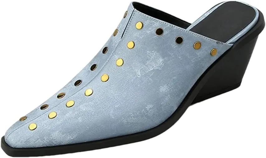 WomenS Genuine Leather Pointed Toe High Wedge Heel Metal Rivet Mules for Daily Shopping and Walking