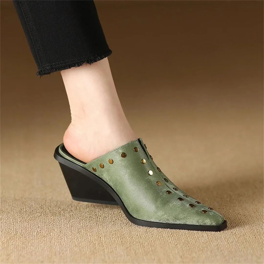 WomenS Genuine Leather Pointed Toe High Wedge Heel Metal Rivet Mules for Daily Shopping and Walking