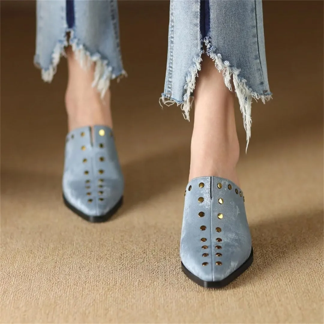 WomenS Genuine Leather Pointed Toe High Wedge Heel Metal Rivet Mules for Daily Shopping and Walking