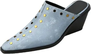 WomenS Genuine Leather Pointed Toe High Wedge Heel Metal Rivet Mules for Daily Shopping and Walking