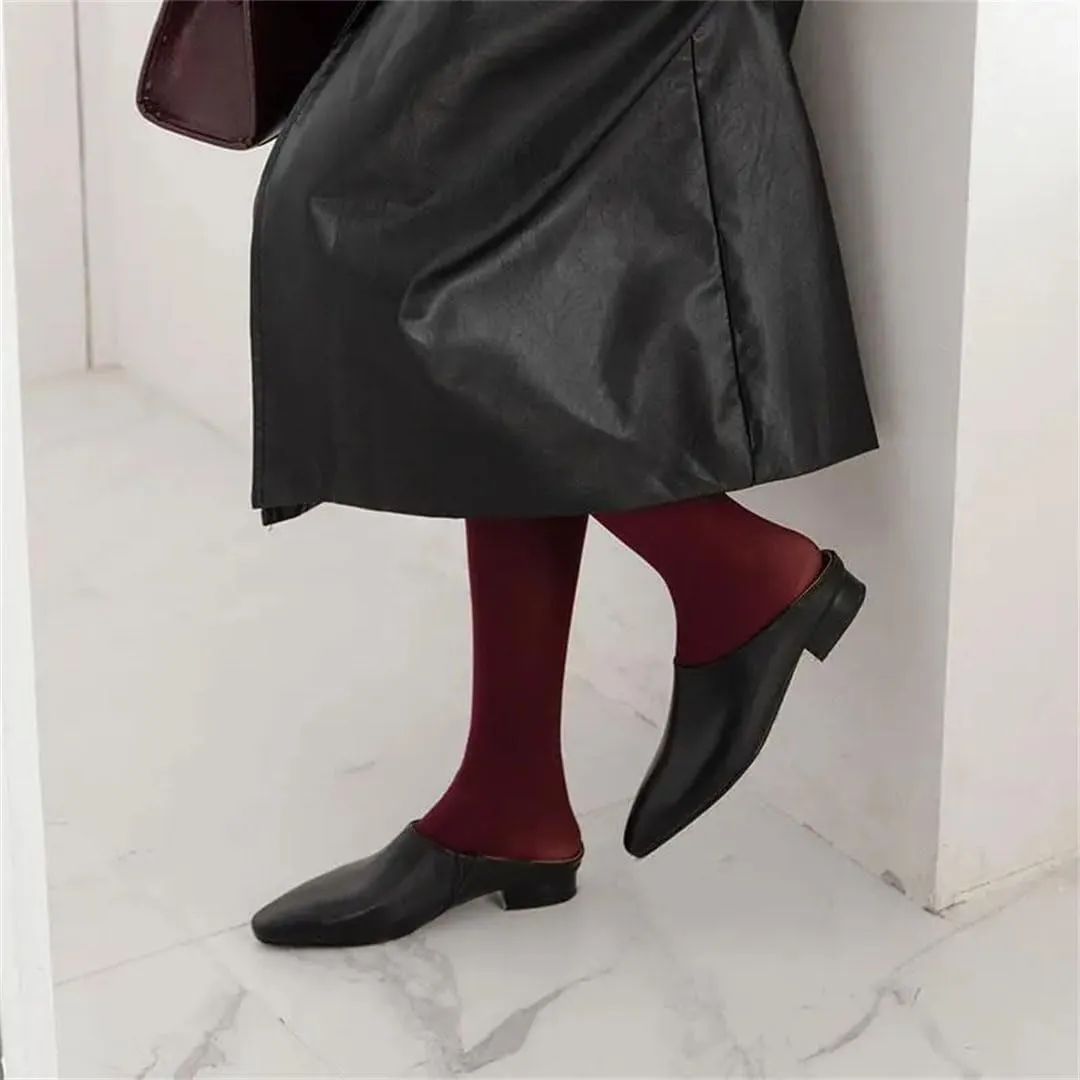 WomenS Genuine Leather Pointed Toe Square Heel Pull On 2.5Cm Low Heel Street Style Mules