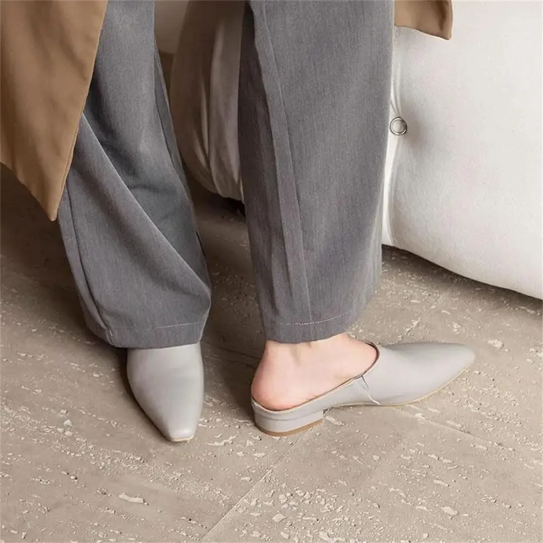 WomenS Genuine Leather Pointed Toe Square Heel Pull On 2.5Cm Low Heel Street Style Mules