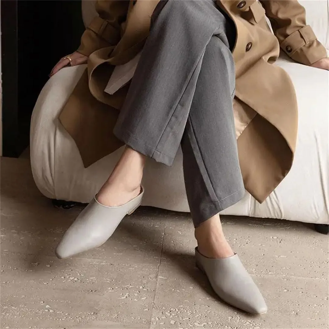 WomenS Genuine Leather Pointed Toe Square Heel Pull On 2.5Cm Low Heel Street Style Mules