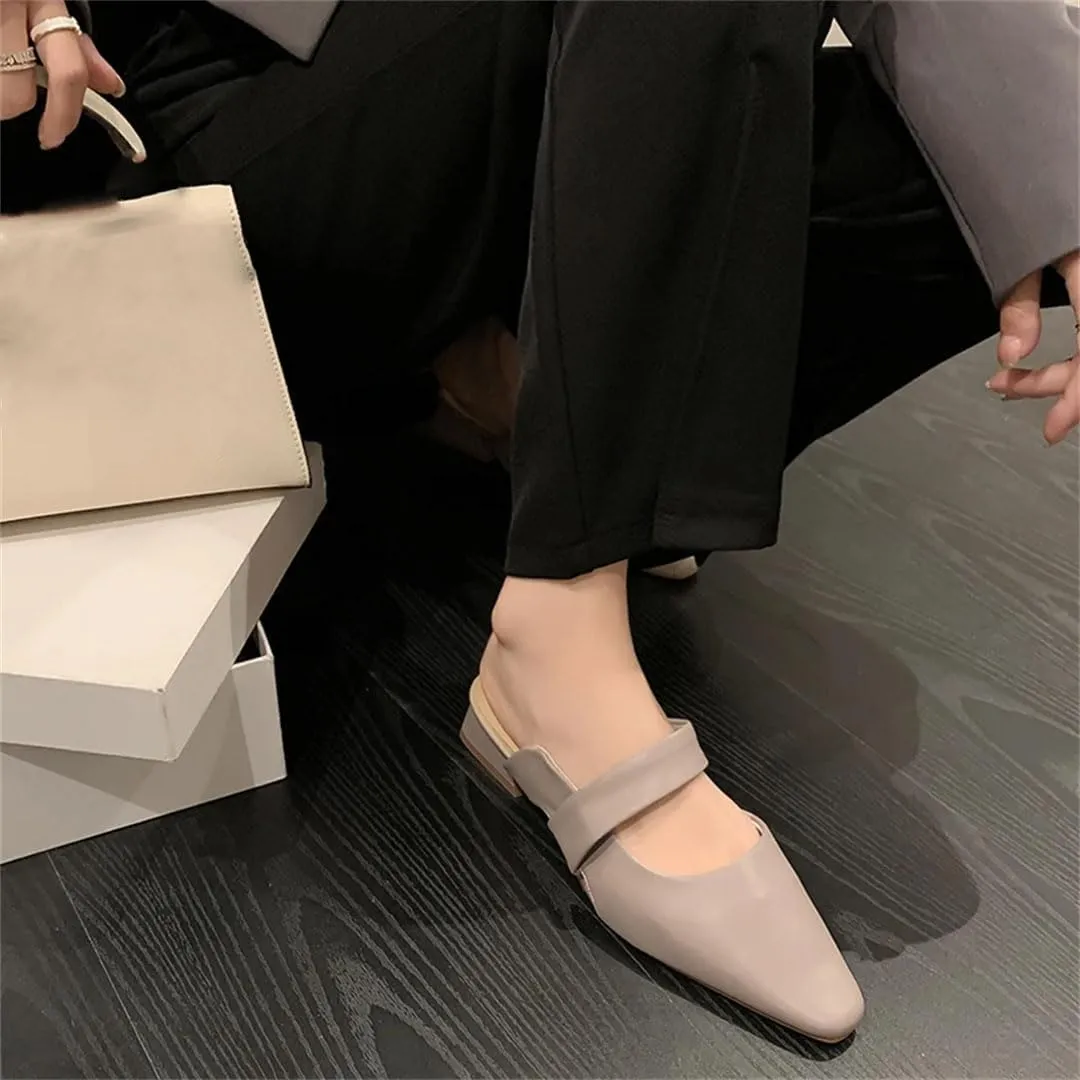 WomenS Genuine Leather Pointed Toe Square Heel Slip On 2.5Cm Low Heel Platform Appliques Leisure Mules