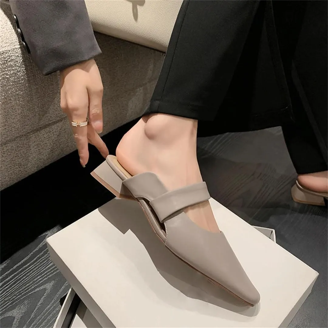 WomenS Genuine Leather Pointed Toe Square Heel Slip On 2.5Cm Low Heel Platform Appliques Leisure Mules
