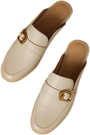 WomenS Genuine Leather Round Covered Toe Metal Buckle Flat Heel Slip On Platform Fisherman Mules