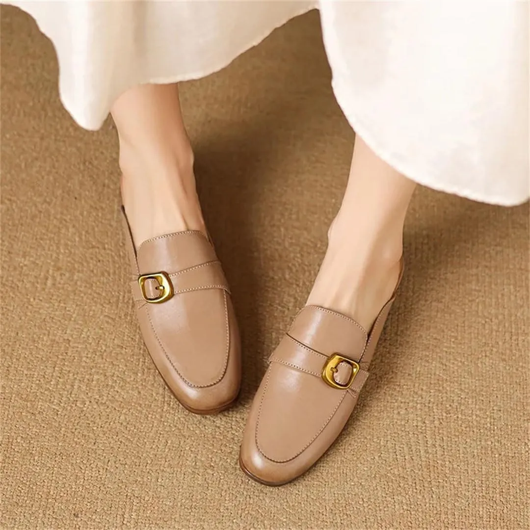 WomenS Genuine Leather Round Covered Toe Metal Buckle Flat Heel Slip On Platform Fisherman Mules
