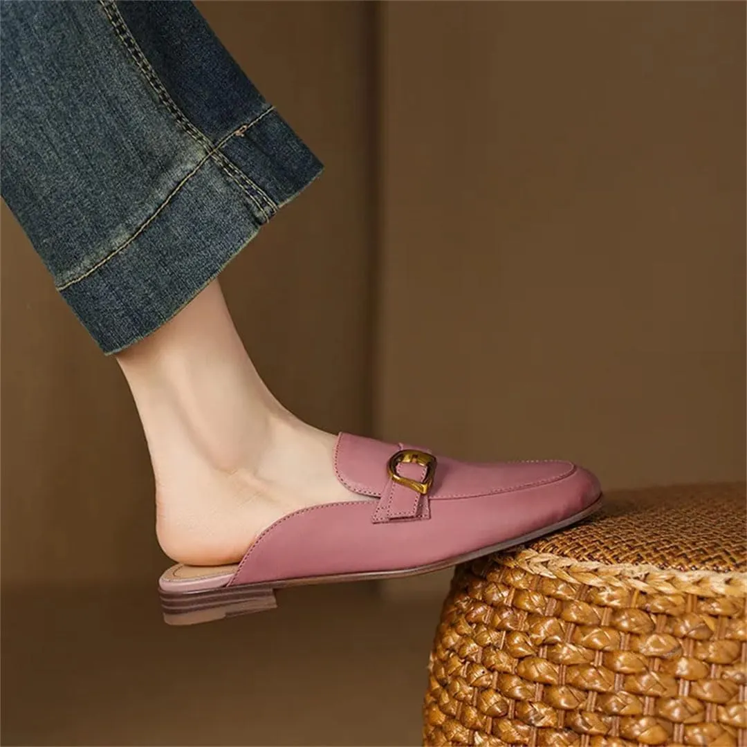 WomenS Genuine Leather Round Covered Toe Metal Buckle Flat Heel Slip On Platform Fisherman Mules