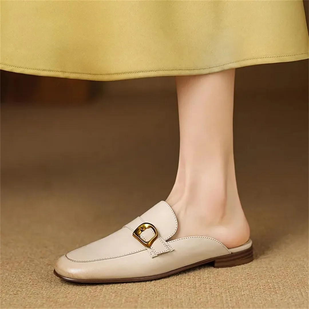 WomenS Genuine Leather Round Covered Toe Metal Buckle Flat Heel Slip On Platform Fisherman Mules