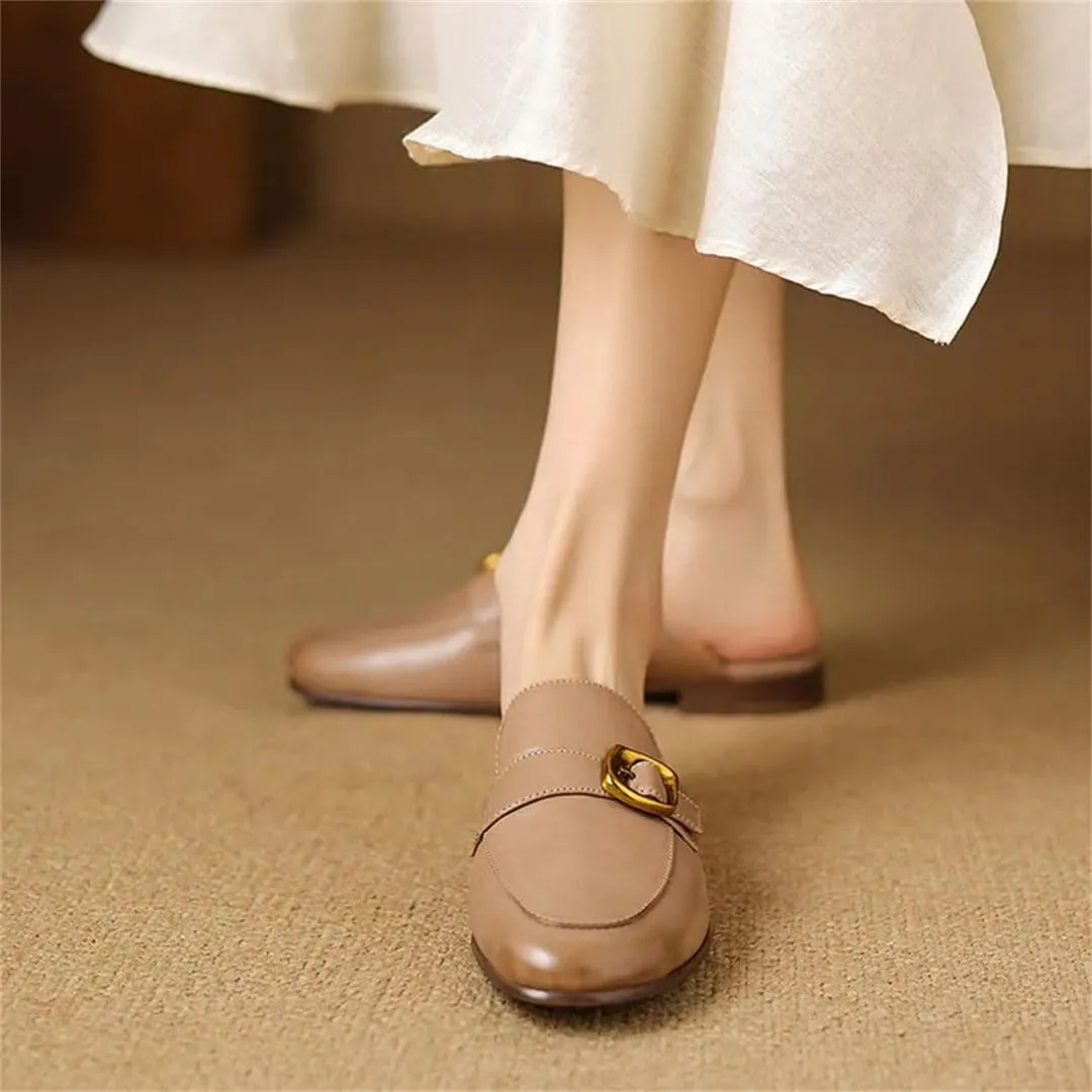 WomenS Genuine Leather Round Covered Toe Metal Buckle Flat Heel Slip On Platform Fisherman Mules
