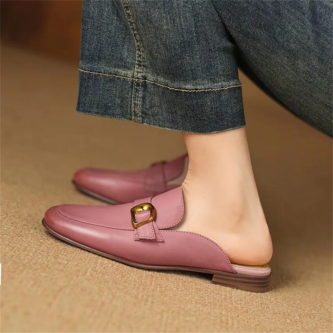 WomenS Genuine Leather Round Covered Toe Metal Buckle Flat Heel Slip On Platform Fisherman Mules