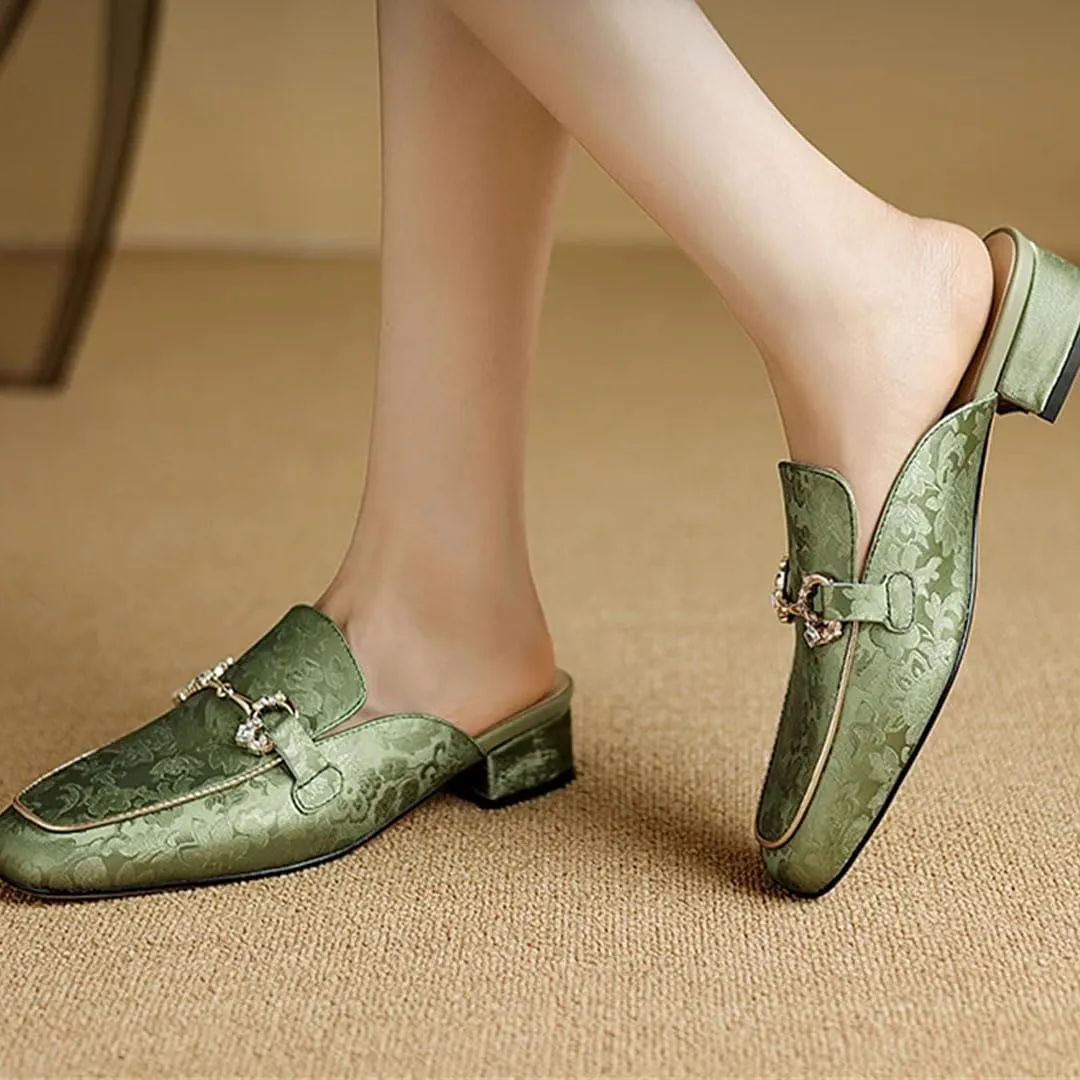 WomenS Genuine Leather Round Toe Slip-On Mules with Medium Square Heel & Chain Detail Pull-On Daily Wear Mules