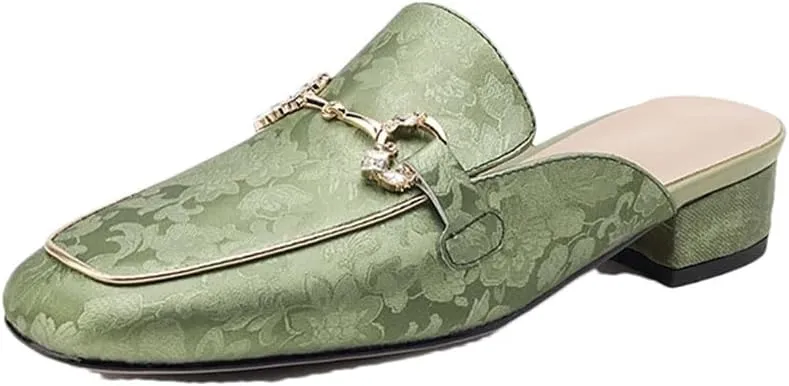 WomenS Genuine Leather Round Toe Slip-On Mules with Medium Square Heel & Chain Detail Pull-On Daily Wear Mules